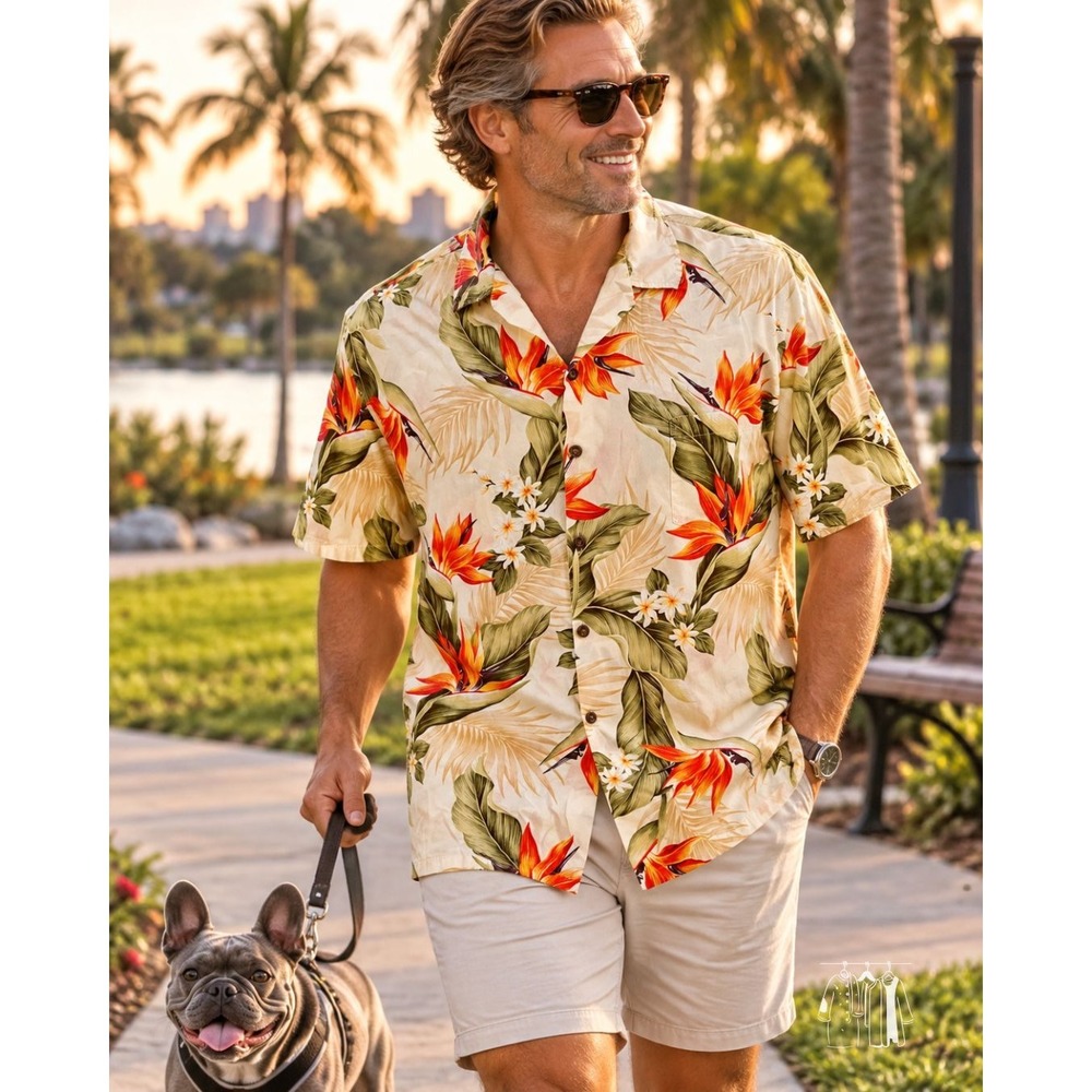 Pacific Legend Hawaiian Shirt Mens 2XL Cream Vintage Bird of Paradise Floral USA